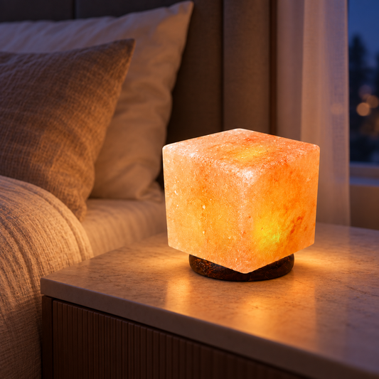 Mini Cube Himalayan salt lamp hand carved from 100% natural Himalayan salt