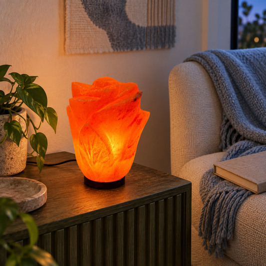 Lotus Himalayan salt lamp lighting a cosy reading nook