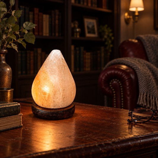 Mini Raindrop Himalayan salt lamp glowing in a home library at night