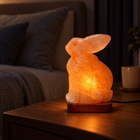 Rabbit Himalayan salt lamp glowing in a bedroom at night
