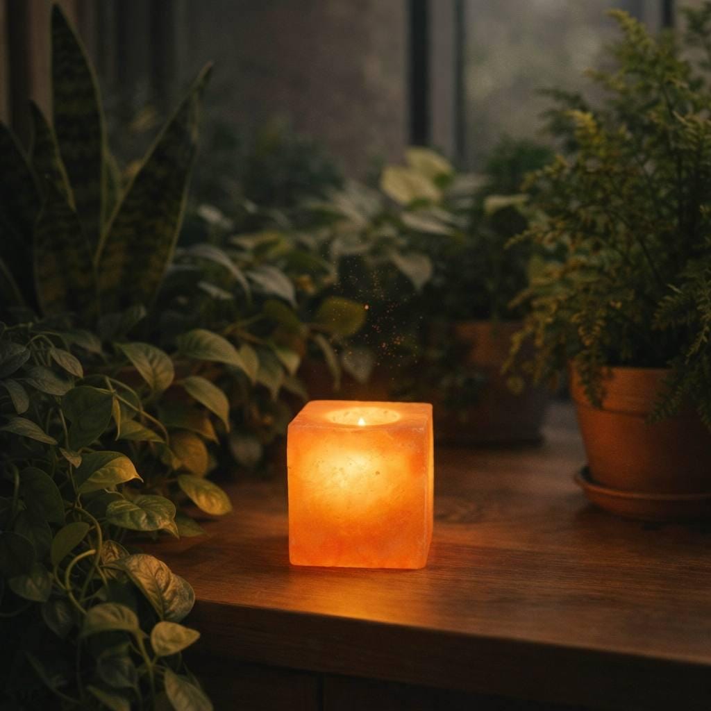 Himalayan Salt Candle Holder Cube minimalist design glowing with warm candlelight