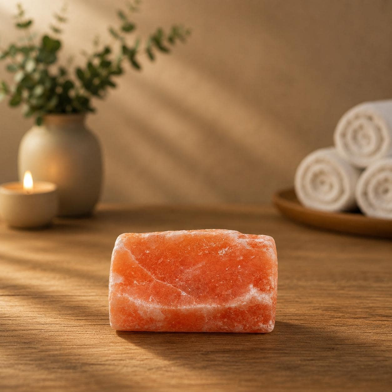 Himalayan Salt Licking Block with rope hanging in a horse stall