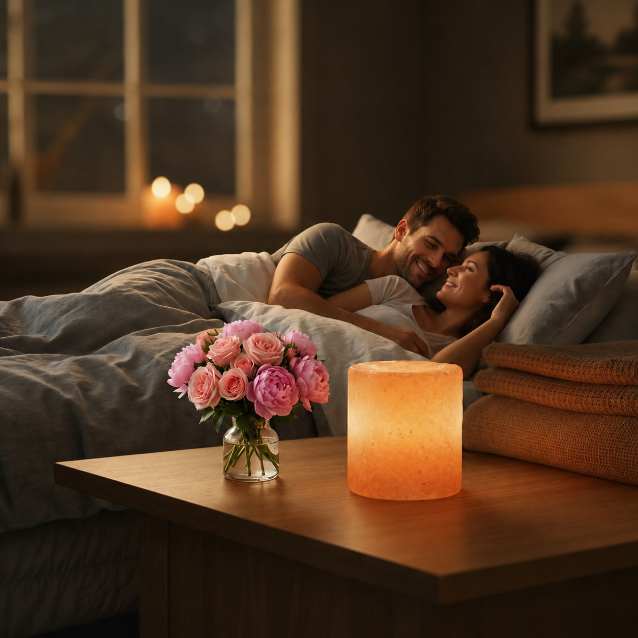 Himalayan Salt Candle Holder Cylinder glowing with warm candlelight