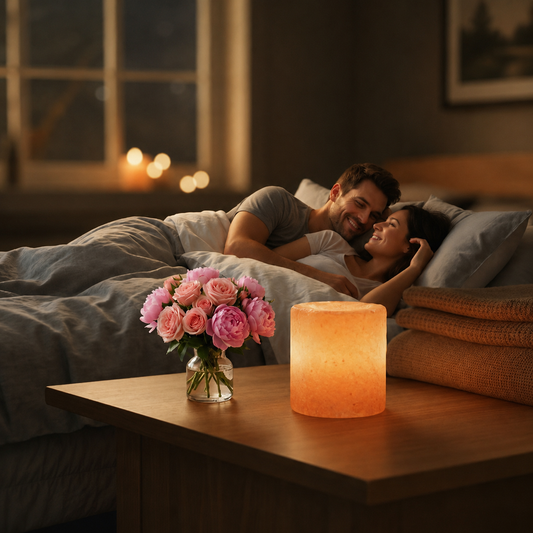 Himalayan Salt Candle Holder Cylinder glowing with warm candlelight