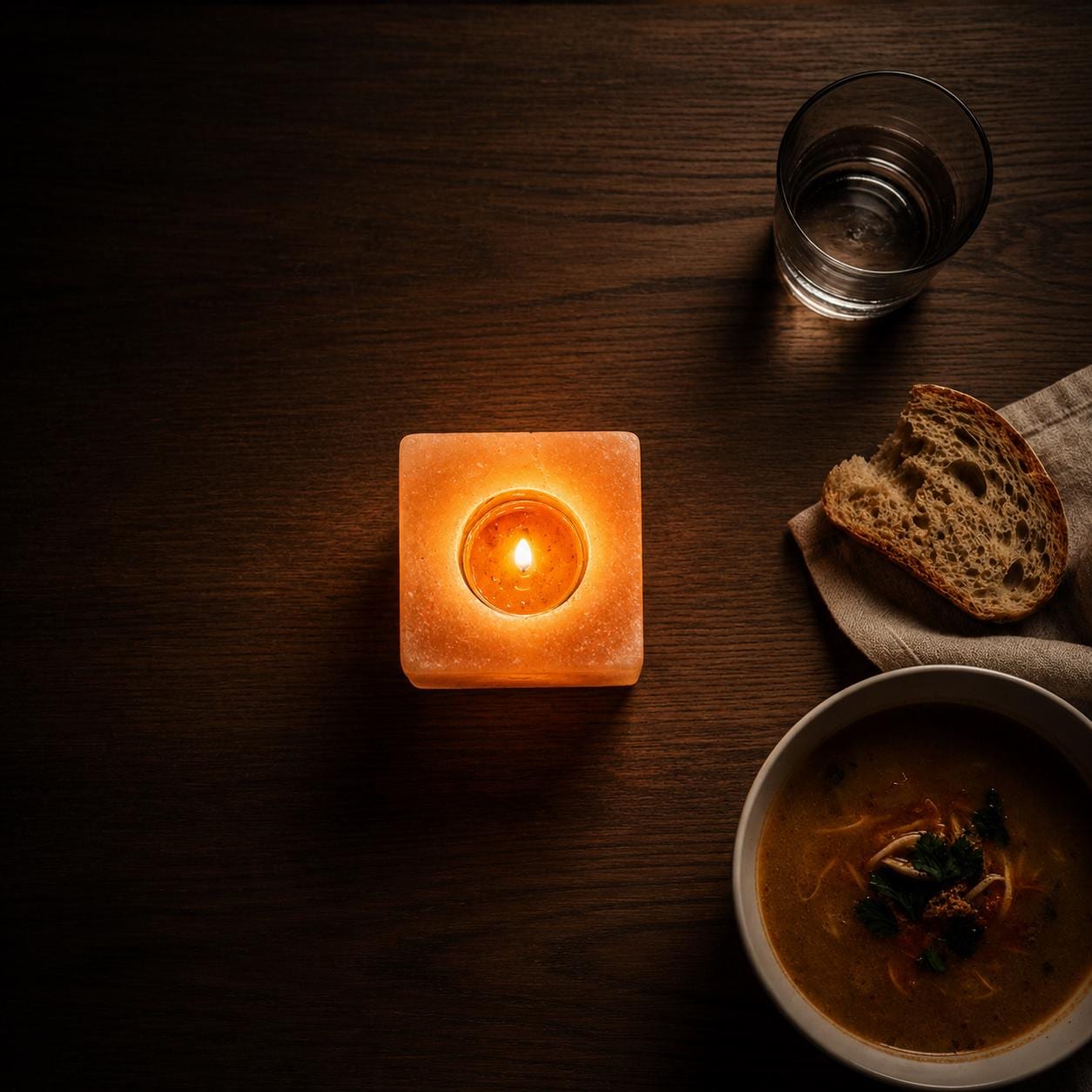 Himalayan Salt Candle Holder Cube minimalist design glowing with warm candlelight