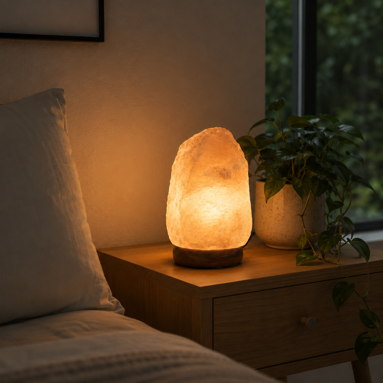 White Himalayan Salt Lamp With Wood Base