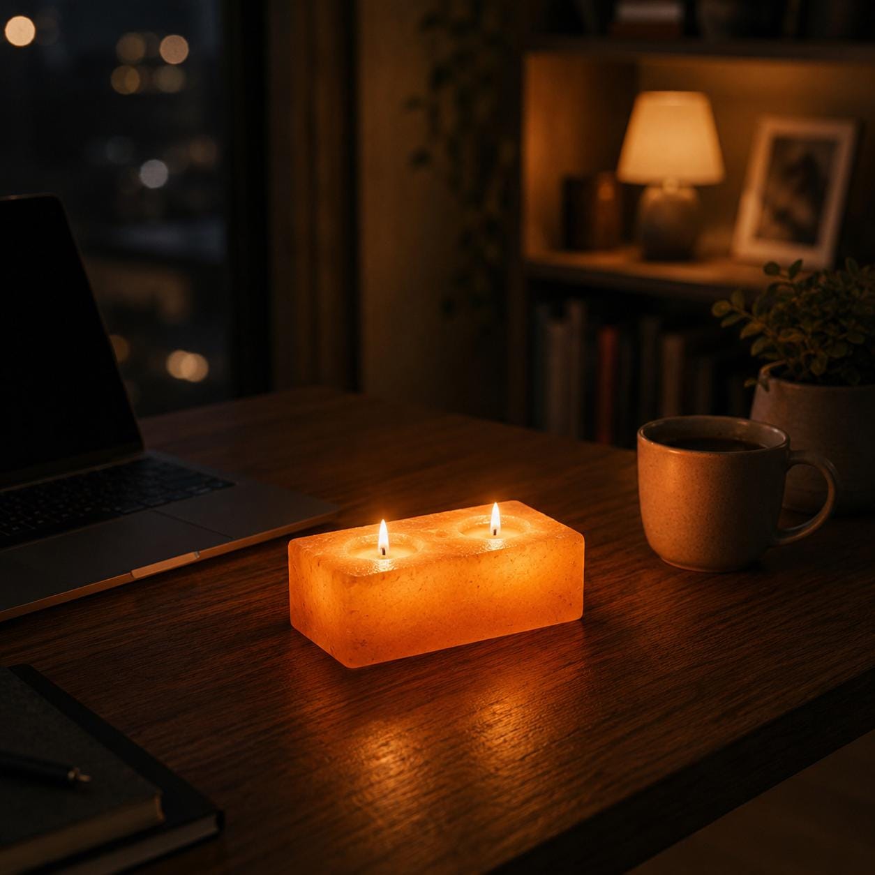 Himalayan Salt Candle Holder Double Cube with two candle wells glowing