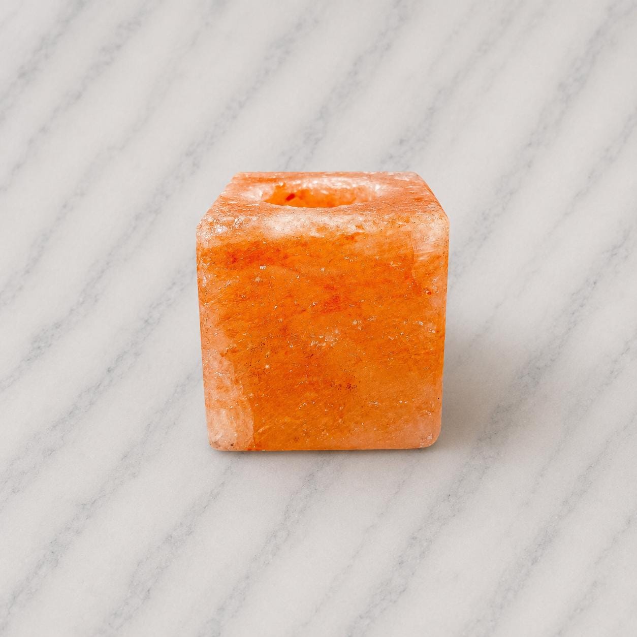 Himalayan Salt Candle Holder Cube minimalist design glowing with warm candlelight