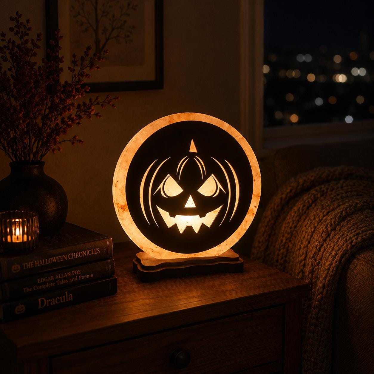 Halloween 3D Himalayan Salt Lamp glowing orange in a decorated space
