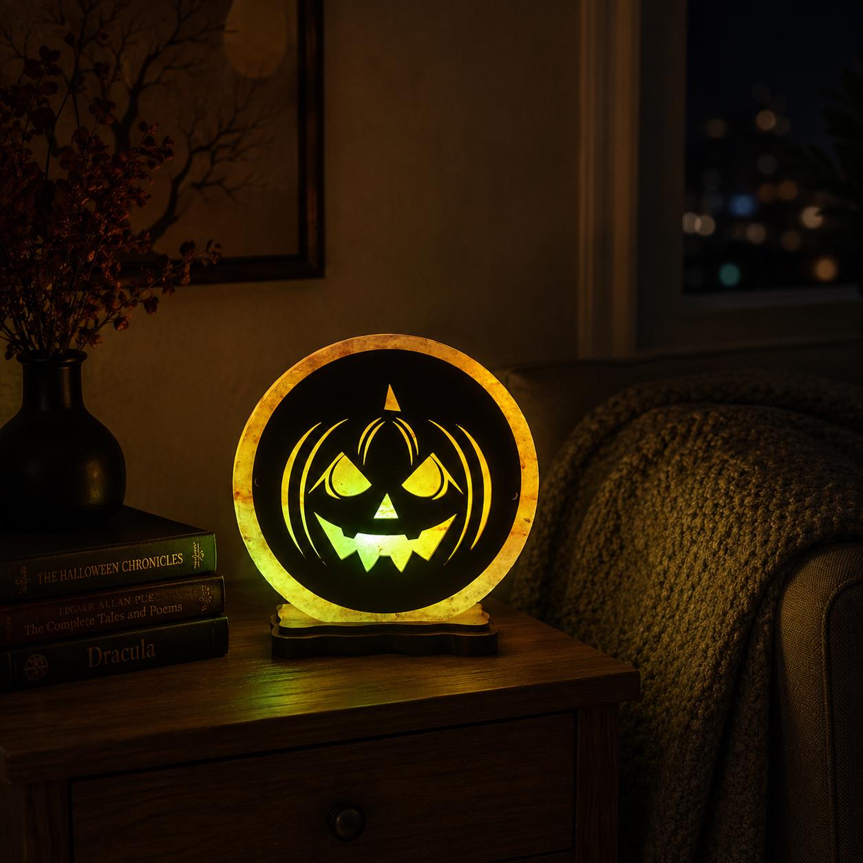 Halloween 3D Himalayan Salt Lamp glowing orange in a decorated space