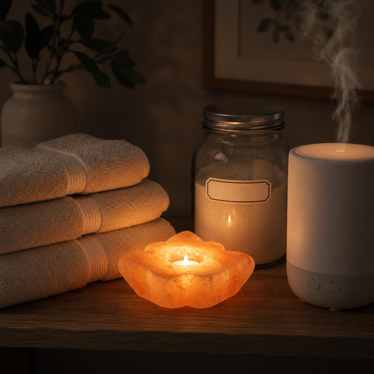 Himalayan Salt Candle Holder Leaf shape glowing with warm candlelight
