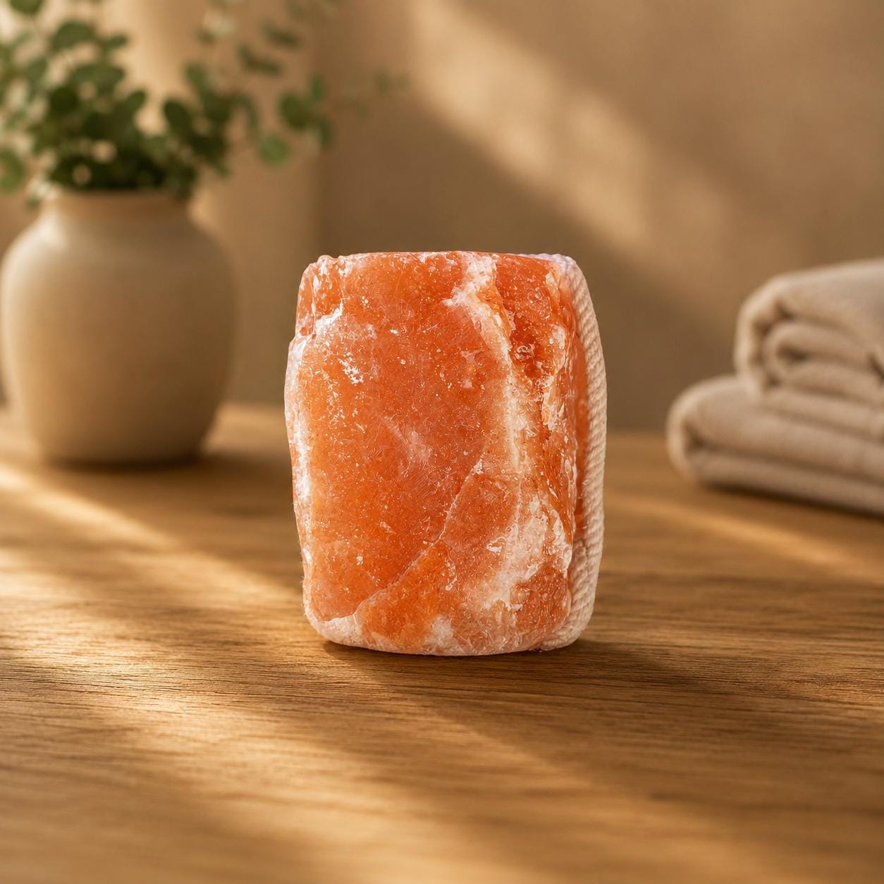 Himalayan Salt Licking Block with rope hanging in a horse stall