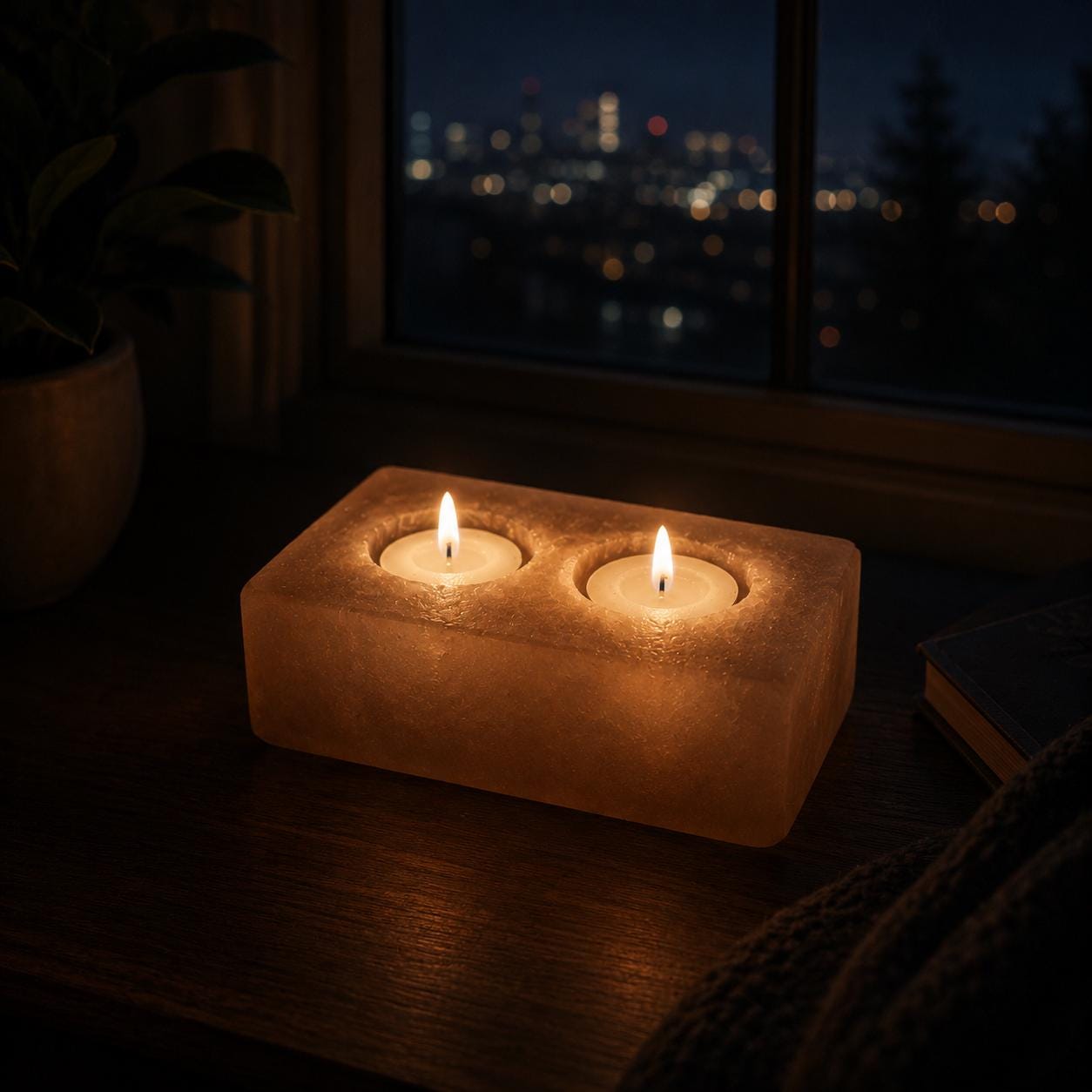 Himalayan Salt Candle Holder Double Cube with two candle wells glowing
