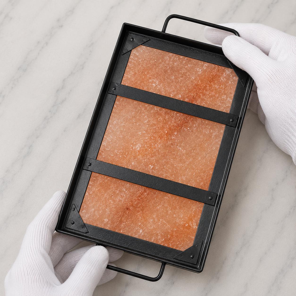 Himalayan Salt Block for Grilling natural pink salt slab on wooden board