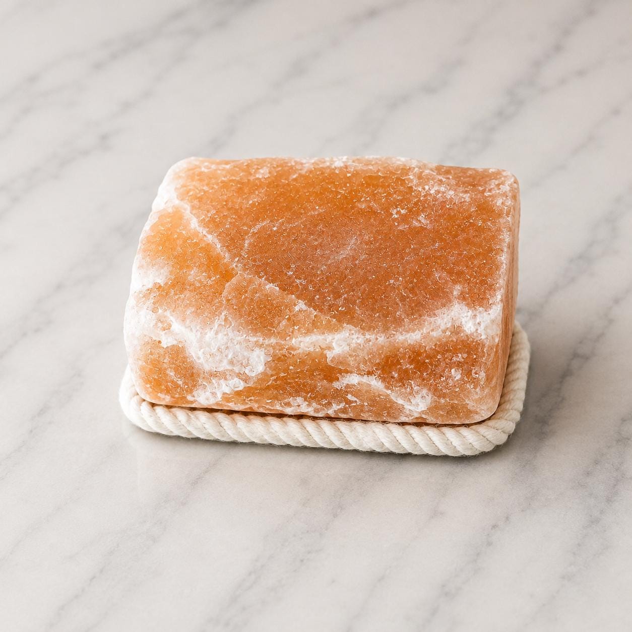 Himalayan Salt Licking Block with rope hanging in a horse stall