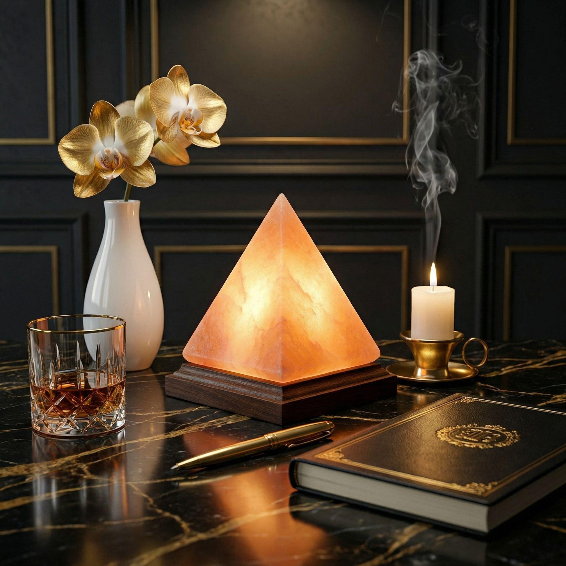 Pyramid Himalayan Salt Lamp glowing warm amber on a wood surface