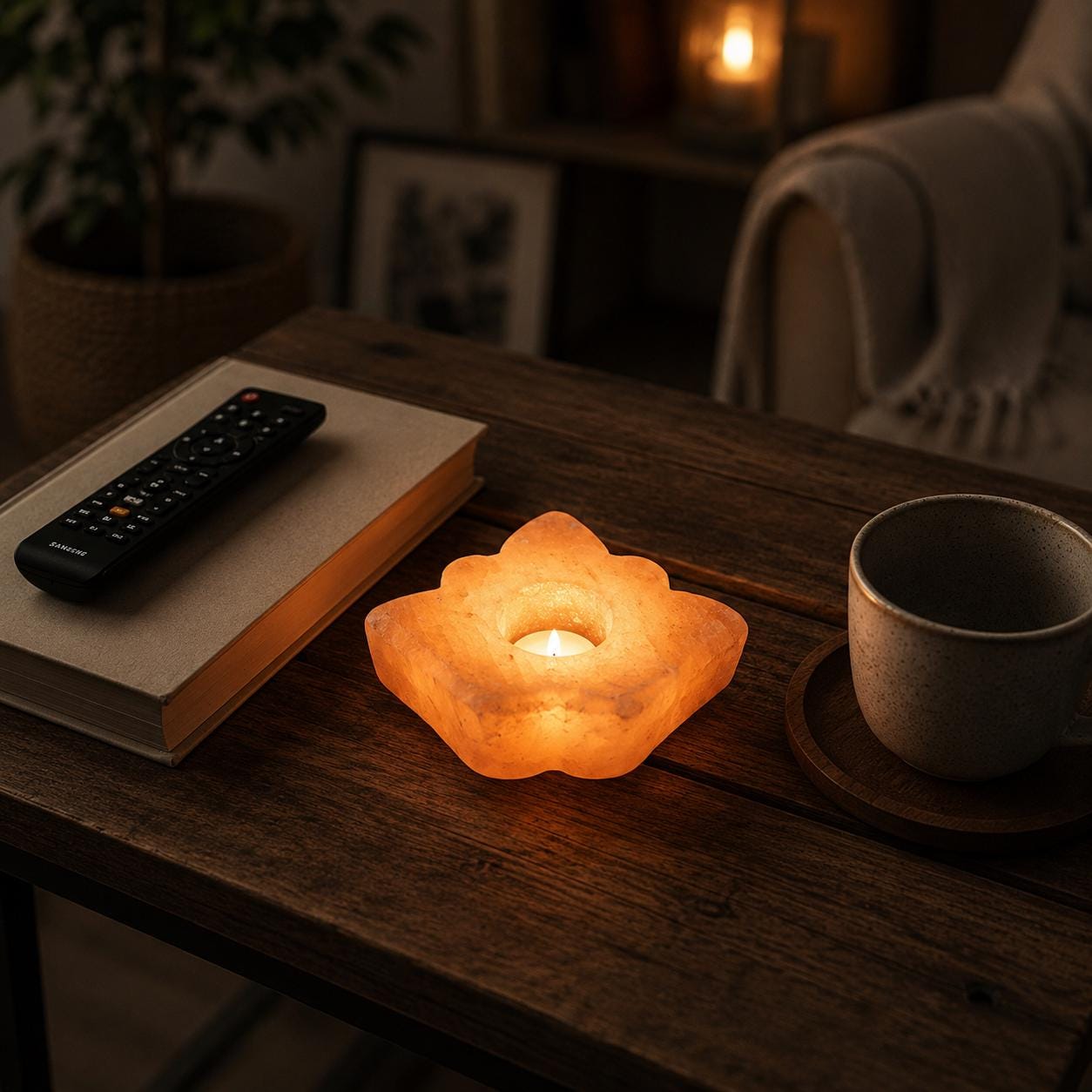 Himalayan Salt Candle Holder Leaf shape glowing with warm candlelight