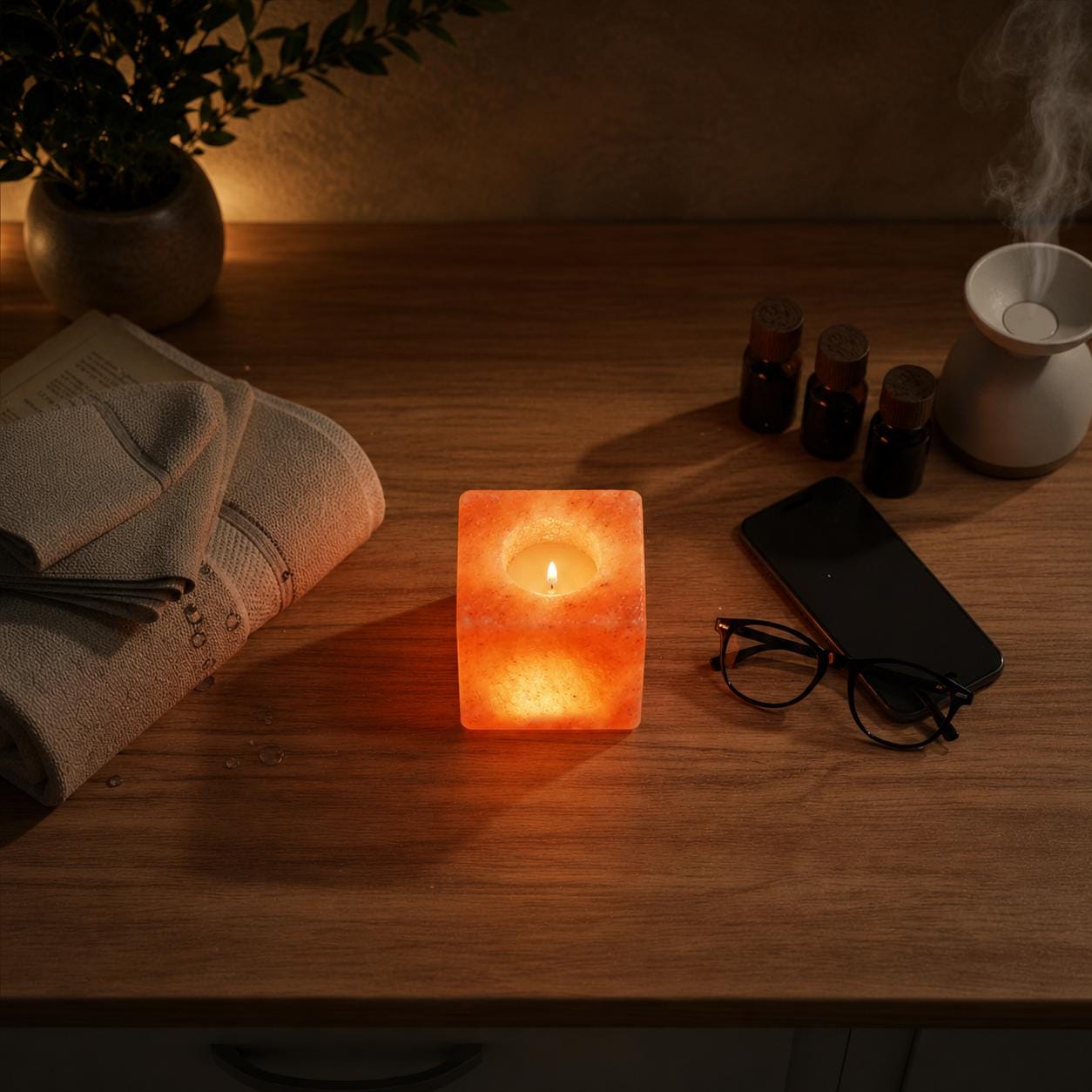 Himalayan Salt Candle Holder Cube minimalist design glowing with warm candlelight