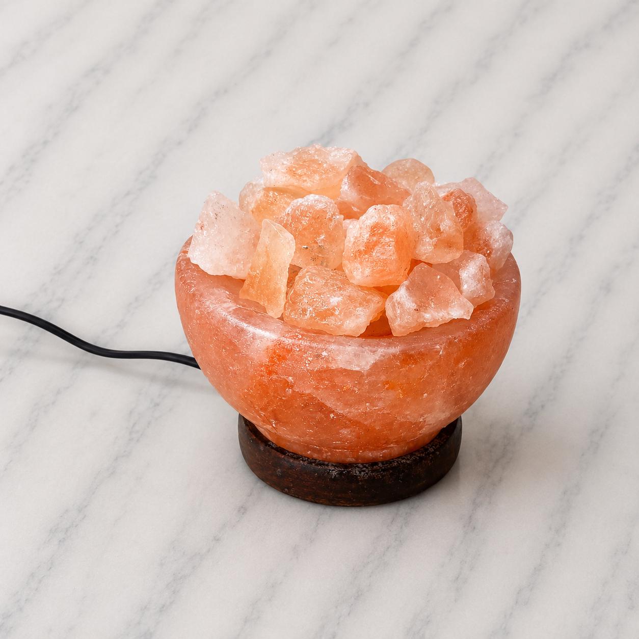 Mini Bowl Himalayan Salt Lamp USB filled with pink salt chunks glowing