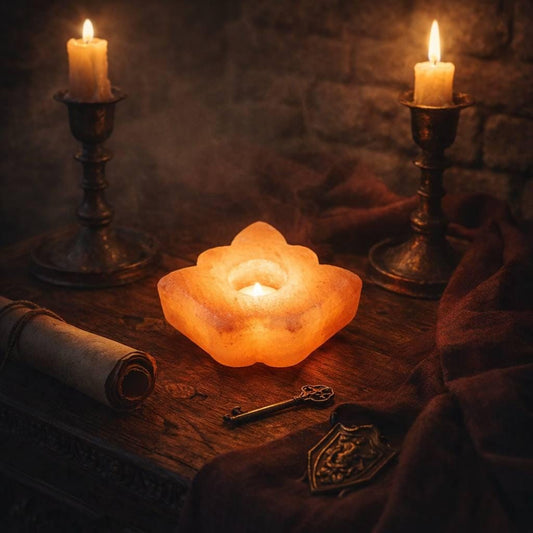 Himalayan Salt Candle Holder Leaf shape glowing with warm candlelight