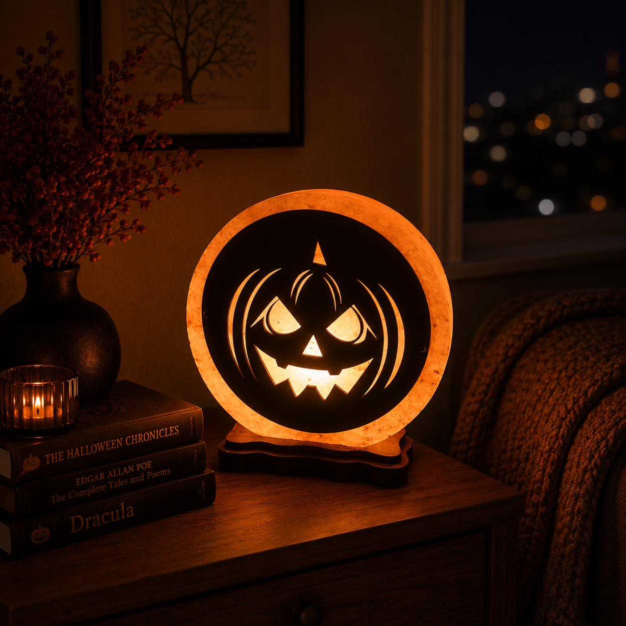 Halloween 3D Himalayan Salt Lamp glowing orange in a decorated space