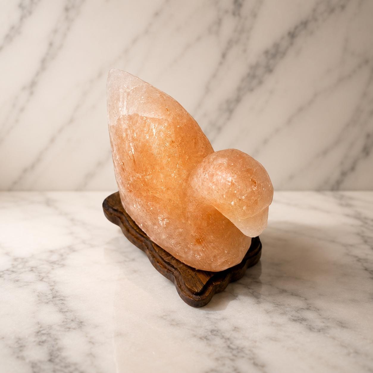Duck Himalayan Salt Lamp glowing warm pink on a wooden surface