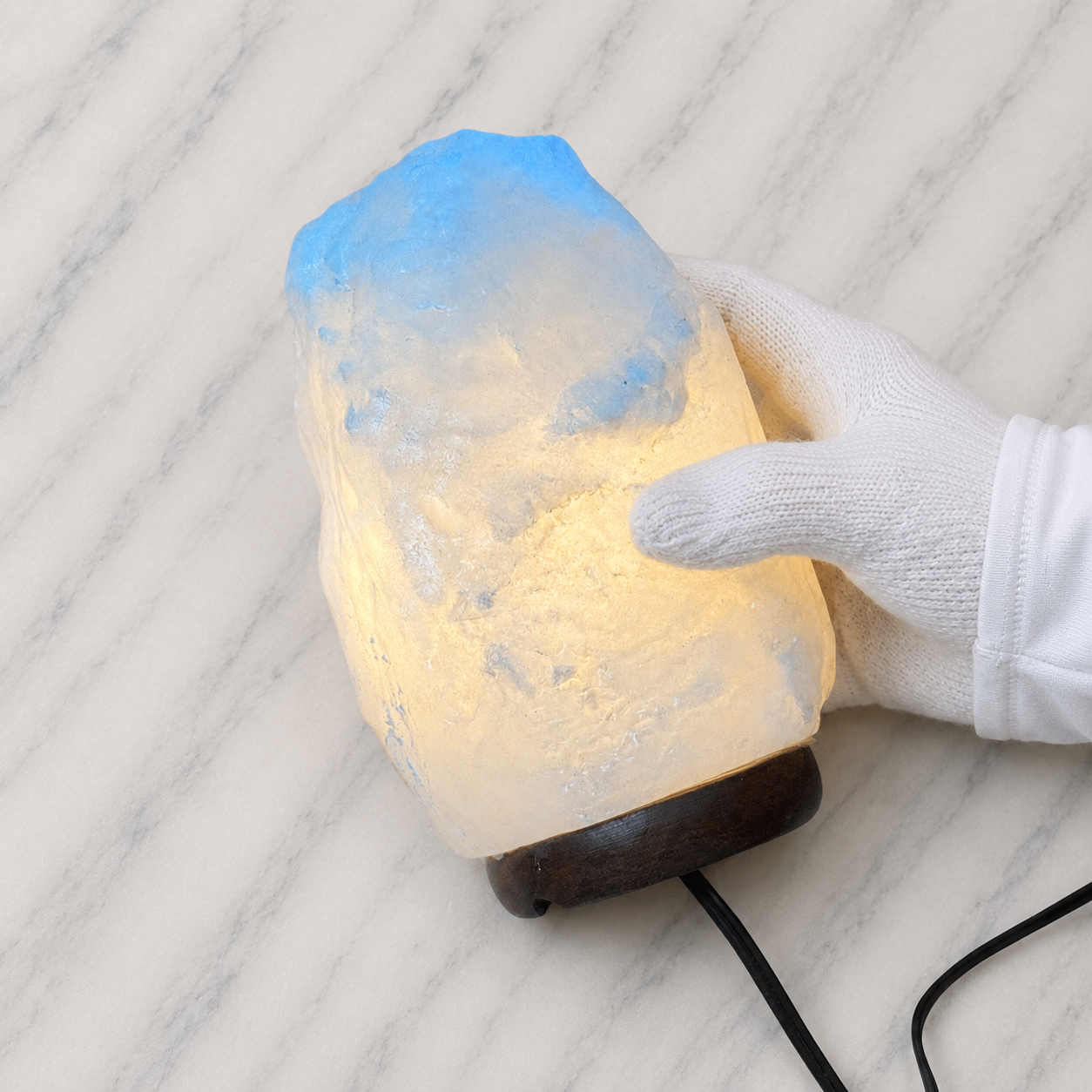 White Himalayan Salt Lamp With Wood Base