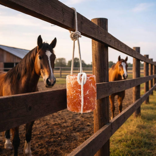 Himalayan Salt Licking Block with rope hanging in a horse stall