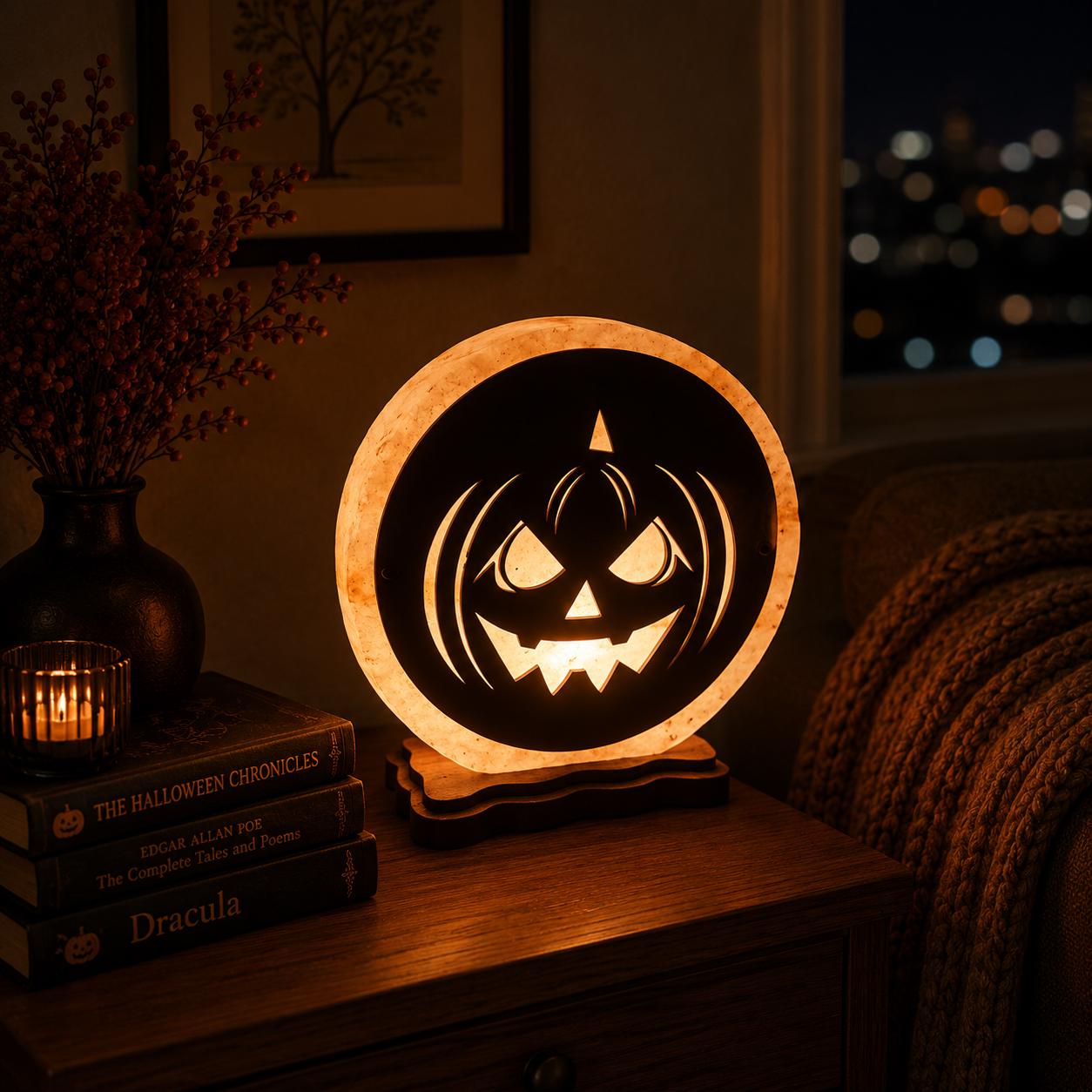 Halloween 3D Himalayan Salt Lamp glowing orange in a decorated space