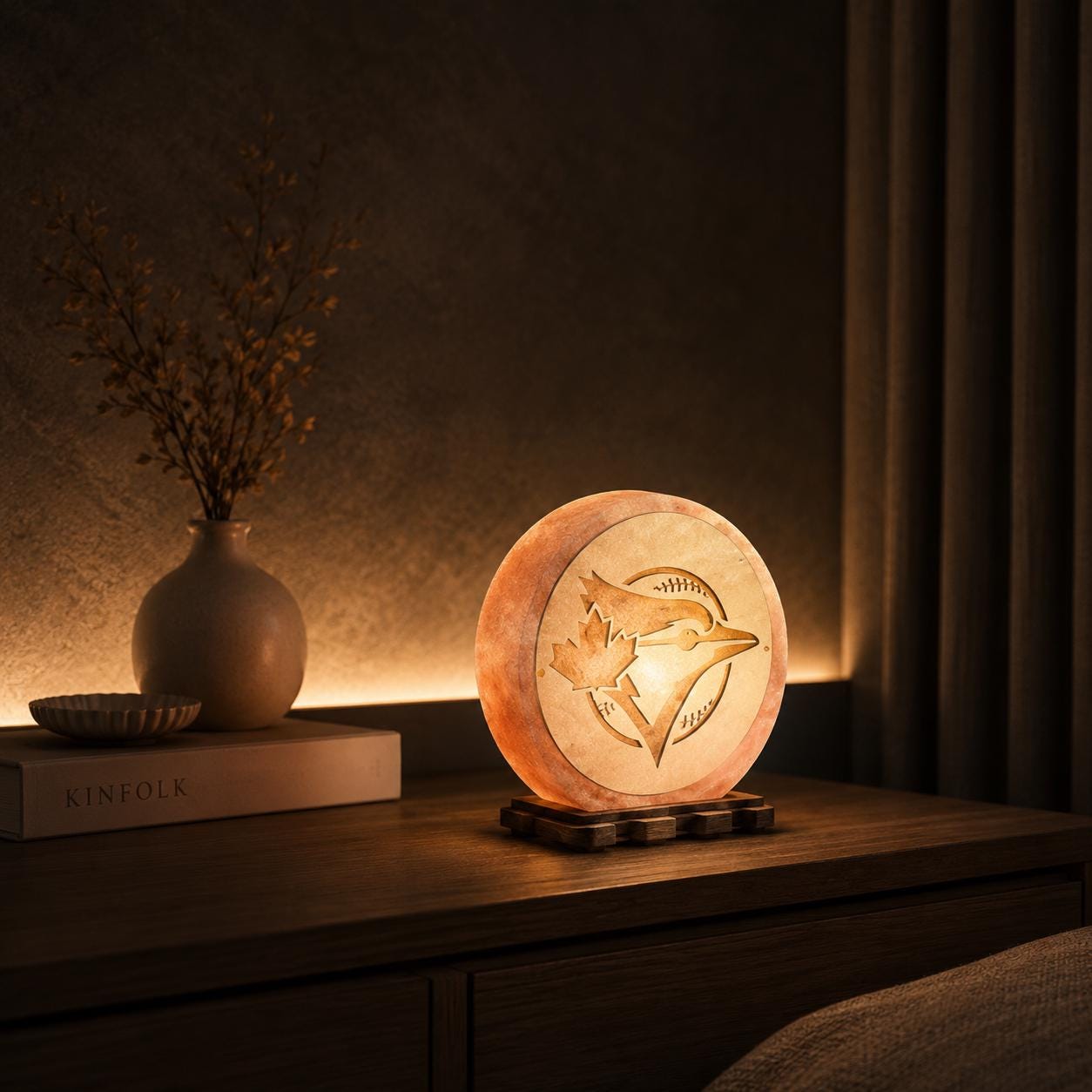 Team Spirit 3D Himalayan Salt Lamp glowing with warm pink light