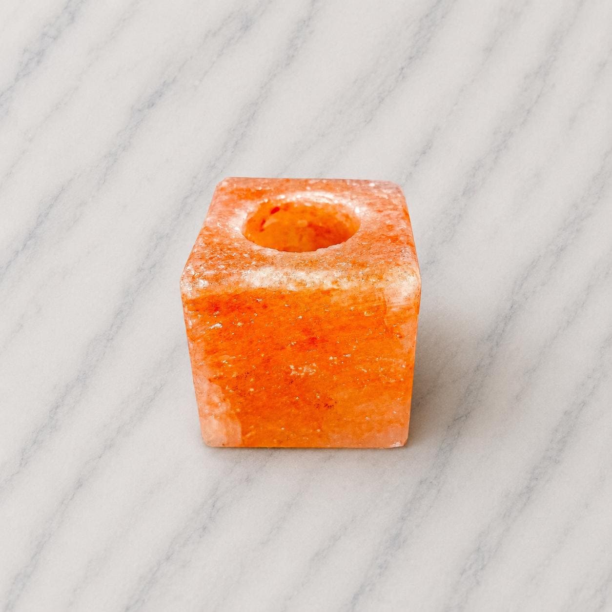 Himalayan Salt Candle Holder Cube minimalist design glowing with warm candlelight