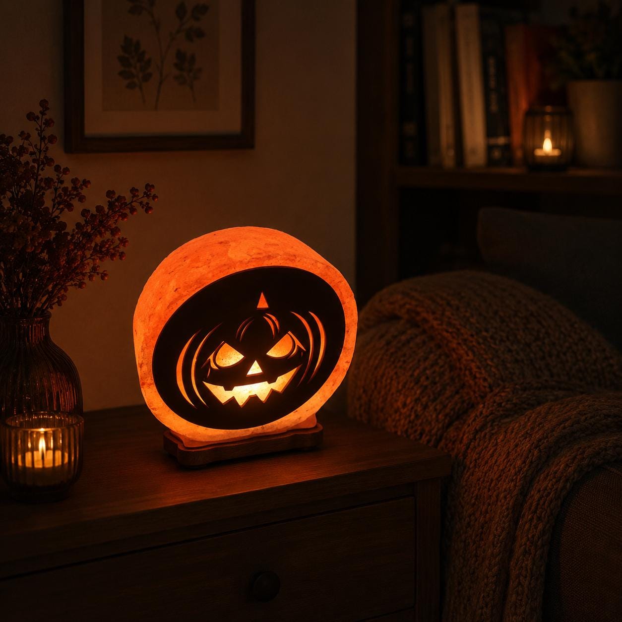 Halloween 3D Himalayan Salt Lamp glowing orange in a decorated space