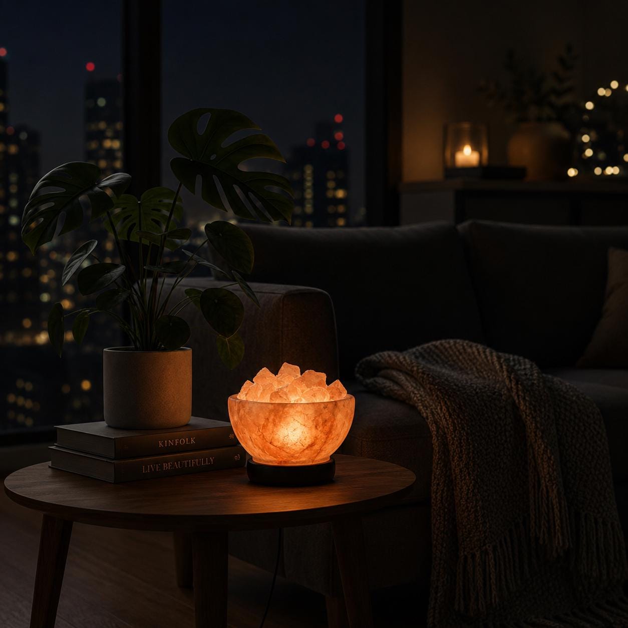 Mini Bowl Himalayan Salt Lamp USB filled with pink salt chunks glowing