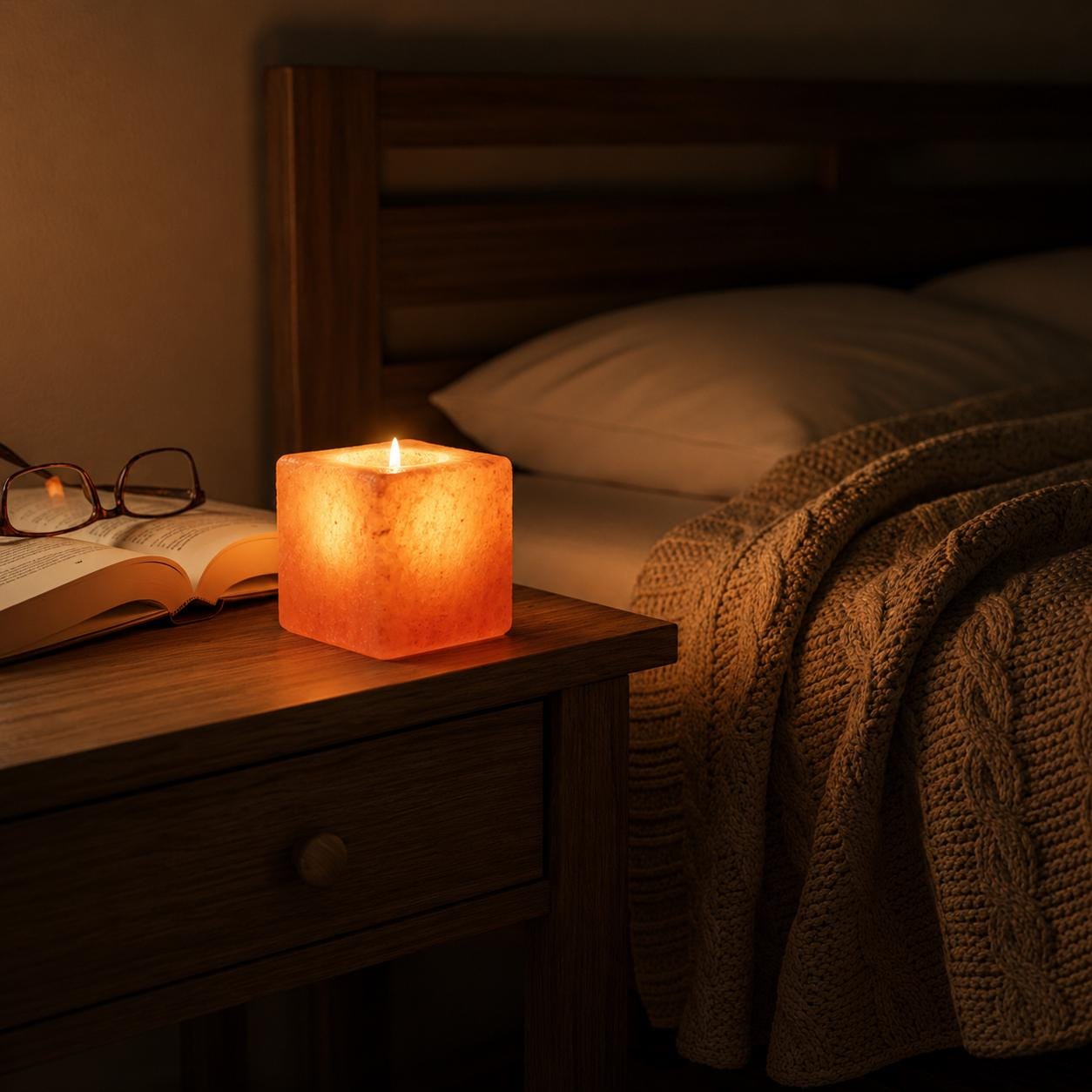 Himalayan Salt Candle Holder Cube minimalist design glowing with warm candlelight