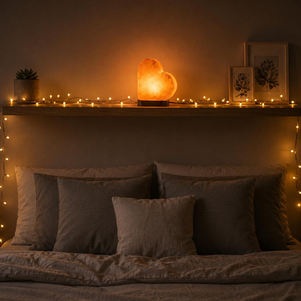 Heart Himalayan Pink Salt Lamp glowing warm pink light in home setting