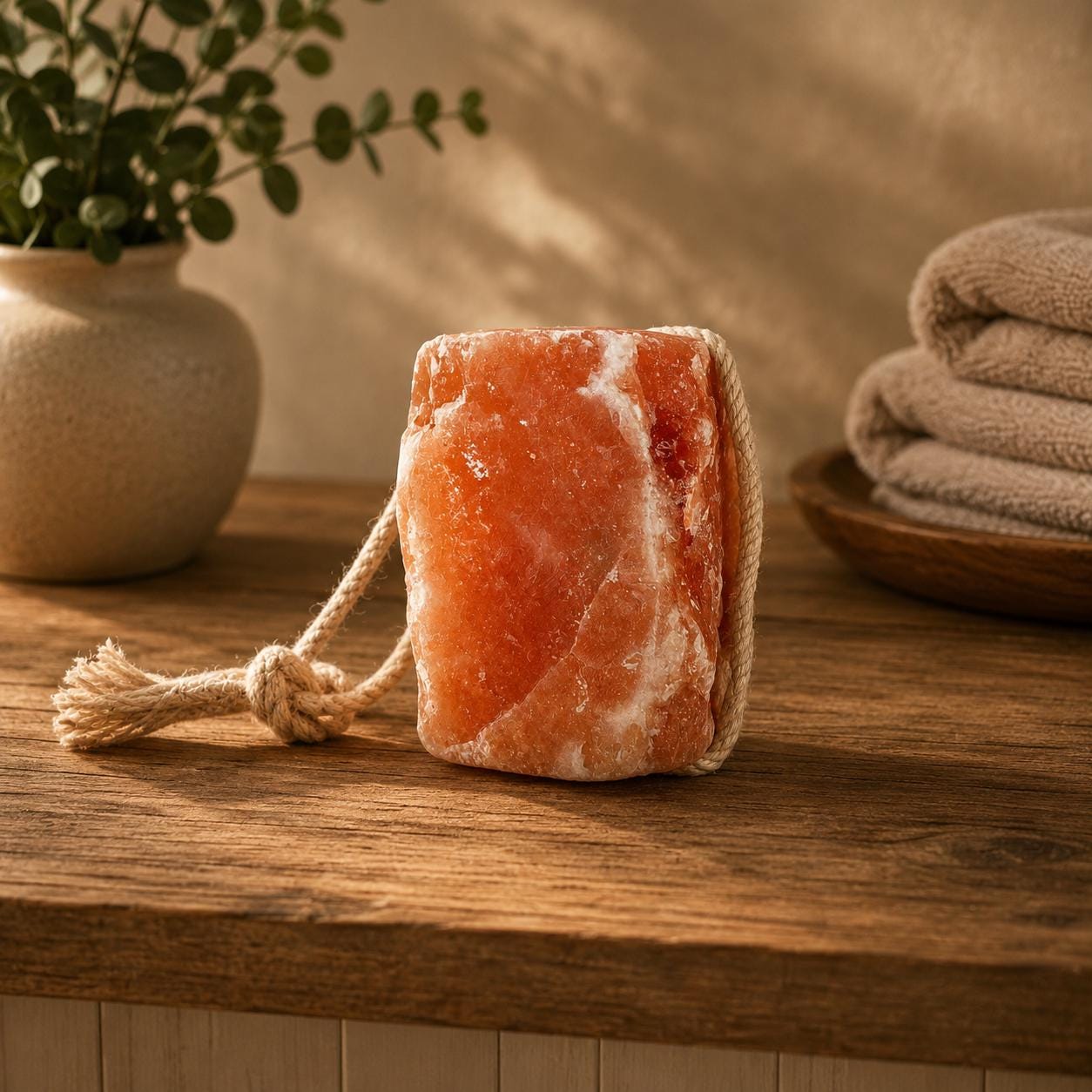 Himalayan Salt Licking Block with rope hanging in a horse stall