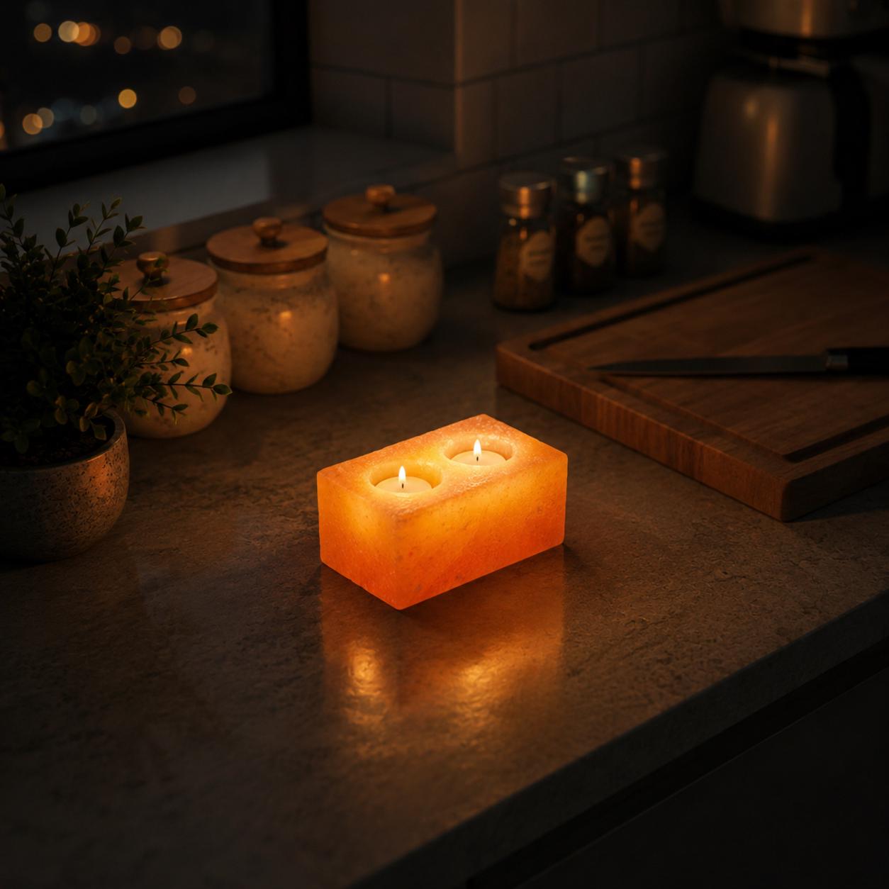 Himalayan Salt Candle Holder Double Cube with two candle wells glowing