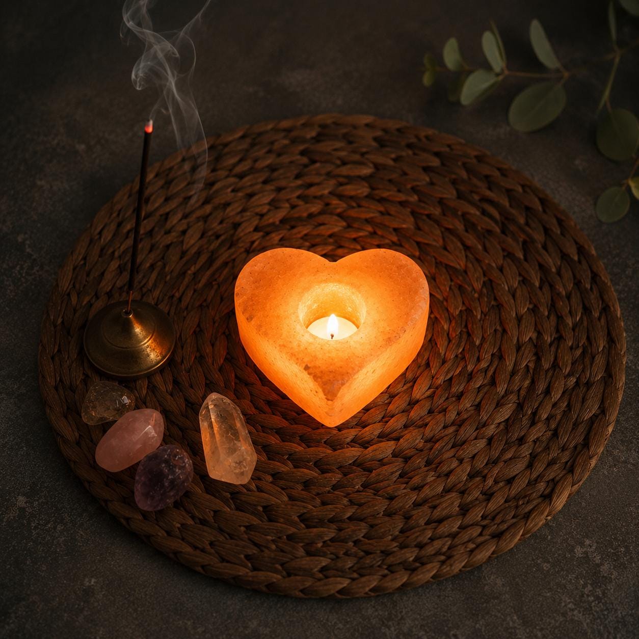 Himalayan Salt Candle Holder Heart shape glowing with warm candlelight