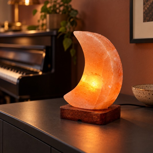 Moon Himalayan salt lamp glowing with a warm amber light