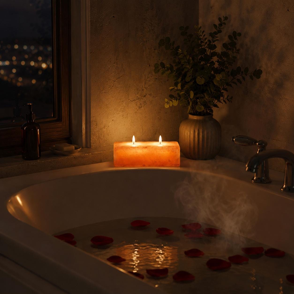 Himalayan Salt Candle Holder Double Cube with two candle wells glowing