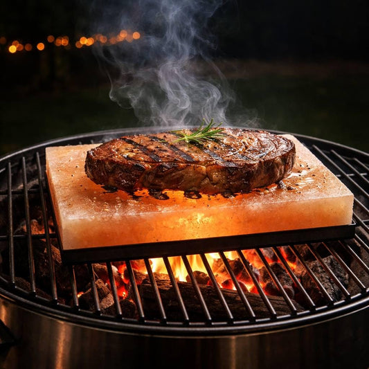 Himalayan Salt Block for Grilling natural pink salt slab on wooden board