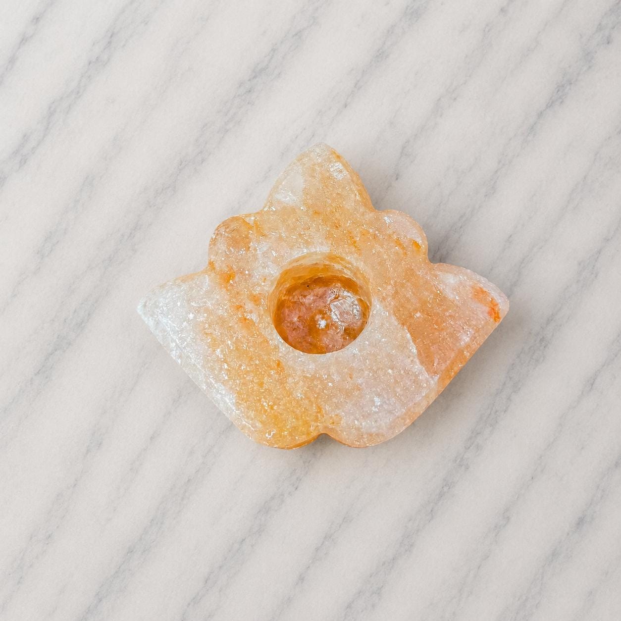 Himalayan Salt Candle Holder Leaf shape glowing with warm candlelight