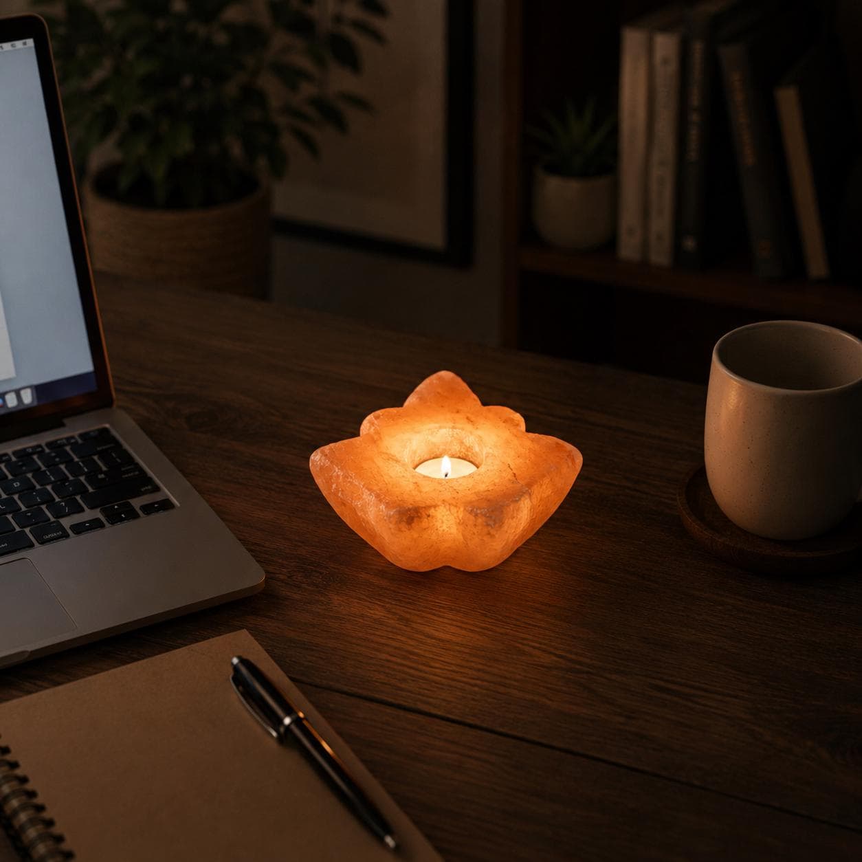 Himalayan Salt Candle Holder Leaf shape glowing with warm candlelight