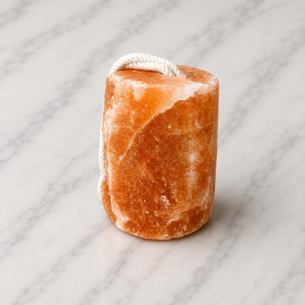 Himalayan Salt Licking Block with rope hanging in a horse stall