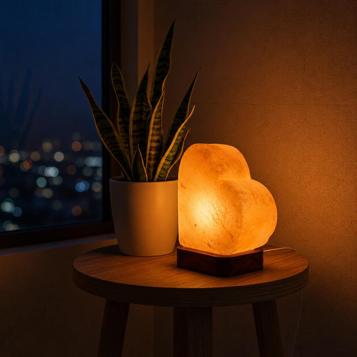 Heart Himalayan Pink Salt Lamp glowing warm pink light in home setting