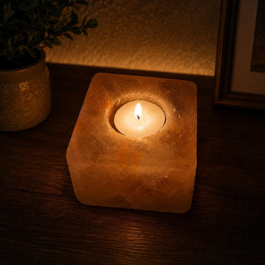 Himalayan Salt Candle Holder Cube minimalist design glowing with warm candlelight
