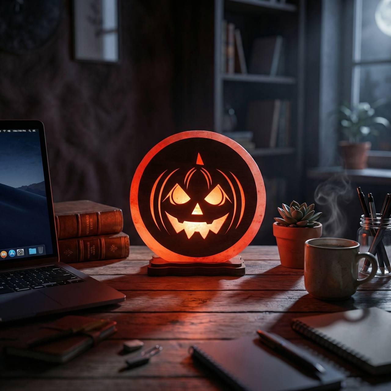Halloween 3D Himalayan Salt Lamp glowing orange in a decorated space