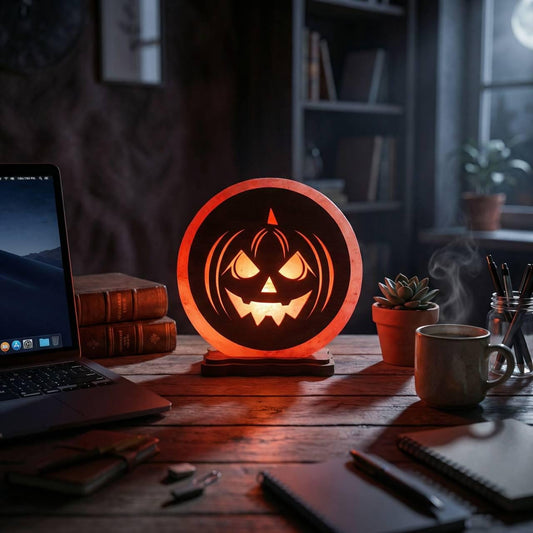 Halloween 3D Himalayan Salt Lamp glowing orange in a decorated space