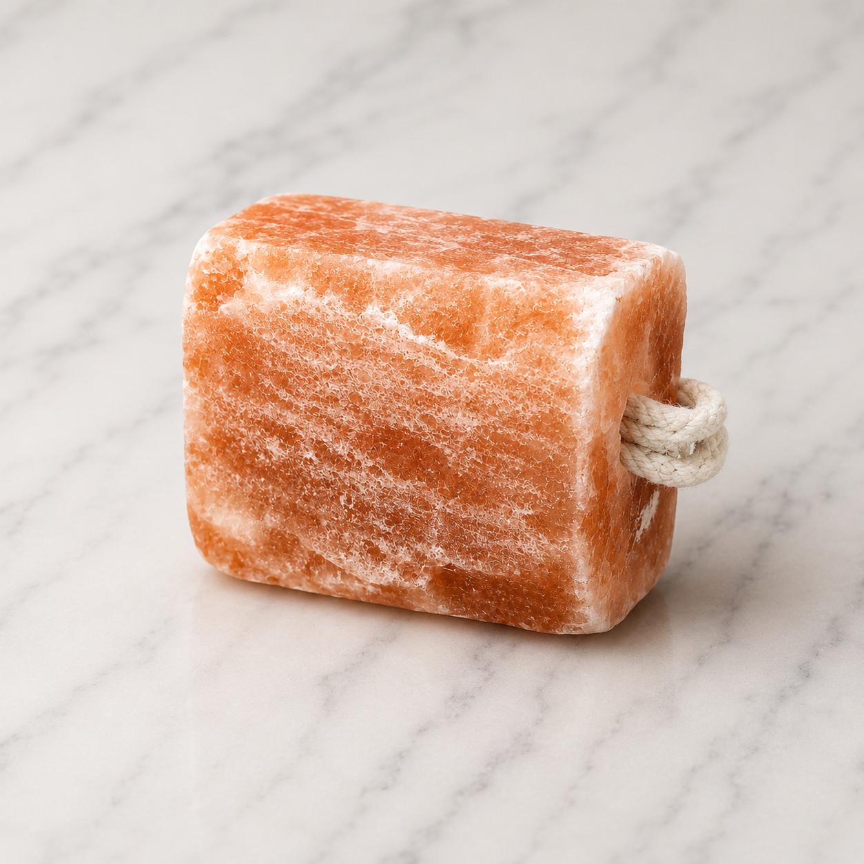 Himalayan Salt Licking Block with rope hanging in a horse stall