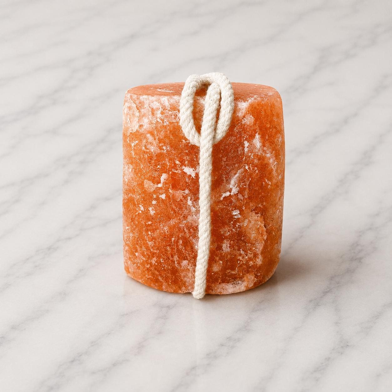 Himalayan Salt Licking Block with rope hanging in a horse stall